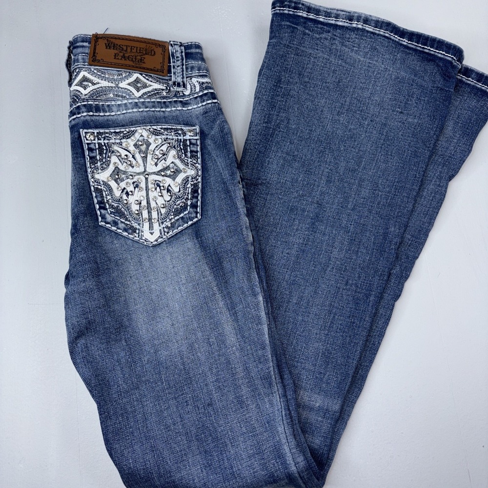 Westfield‎ Eagle Cross Embellished Bedazzled Women's Size 1 Flare Jeans Stretch